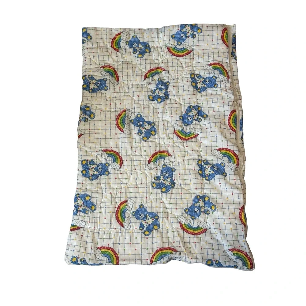 Vintage Quilted Baby Blanket Blue Polka Dot Bear Rainbow Cloud White 32x44‎